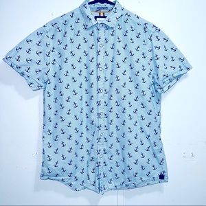 Denim & Flower Ricky Singh Mens Size M Button Up Shirt Anchors White Blue Stripe